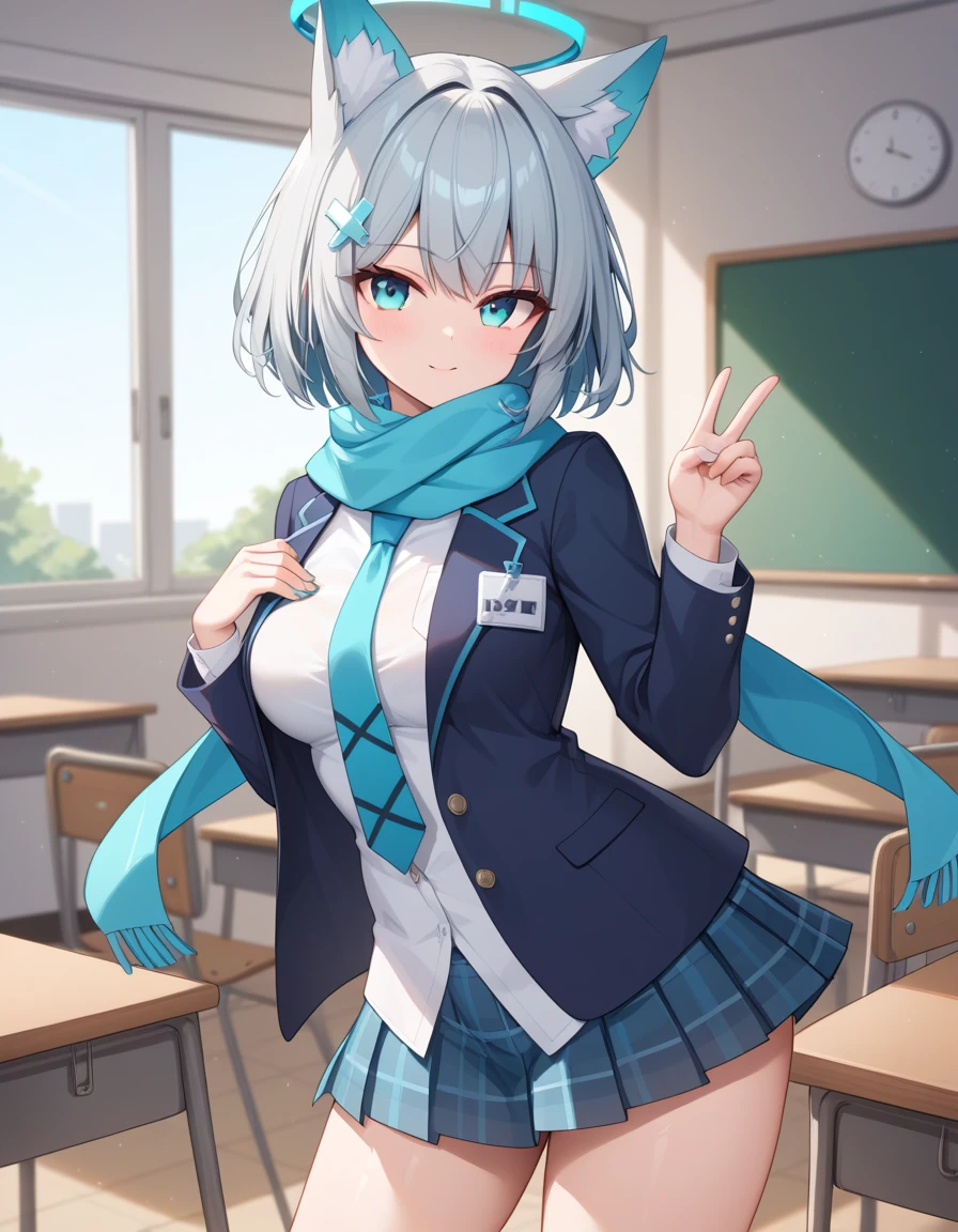 Masterpiece, hd, 1girl, gray hair, short hair, cyan eyes, wolf ears, cyan flipped cross hair ornaments, school uniform, wear dark blue blazer, white shirt, cyan scarf on neck, wear cyan tie, name tag, plaid skirt, plaid gray skirt, halo, cyan halo, shiny cyan halo over heads, standing, indoor, classroom, looking at viewer