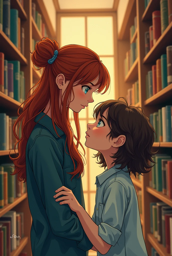 in a library, a teenage boy is kneeling in front of a teenage girl who is standing. The boy has long reddish-brown hair tied in a messy bun and bright blue eyes., while the girl has slightly curly brown hair and green eyes. Hand drawn style