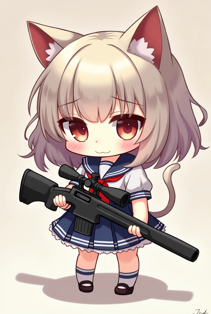 Chibi-chara Lolita girl wearing a sailor uniform with cat ears holding a sniper rifle　
A more mysterious atmosphere, more doll-like, a bit more Japanese-style, more doll-like atmosphere, not cute, more cute, cute taste is fine, but a cuter face, not anime-like, doll-like, Japanese-style doll, not anime-like, more cute eyes