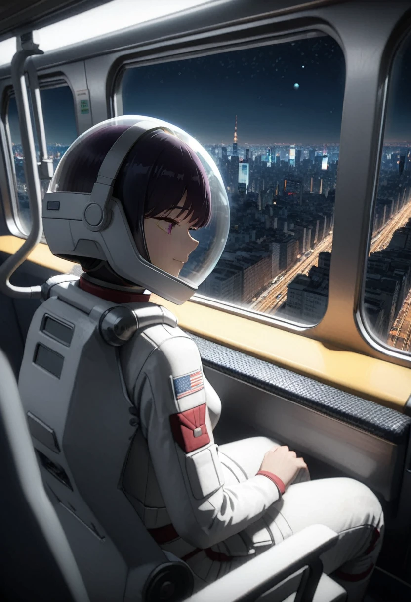 space helmet, (cinematic scene, sitting on a chair, train interior, , city view, night view: 1.5), space helmet, eva helmet, space suit, astronaut), smile bubble helmet, very detailed, speed helmet, bubble helmet, ,upper body, astronaut),eva helm, spacesuit , astronaut),girl, wearing a (spacesuit:1.15), white cargo pants, (headsets:1.5)