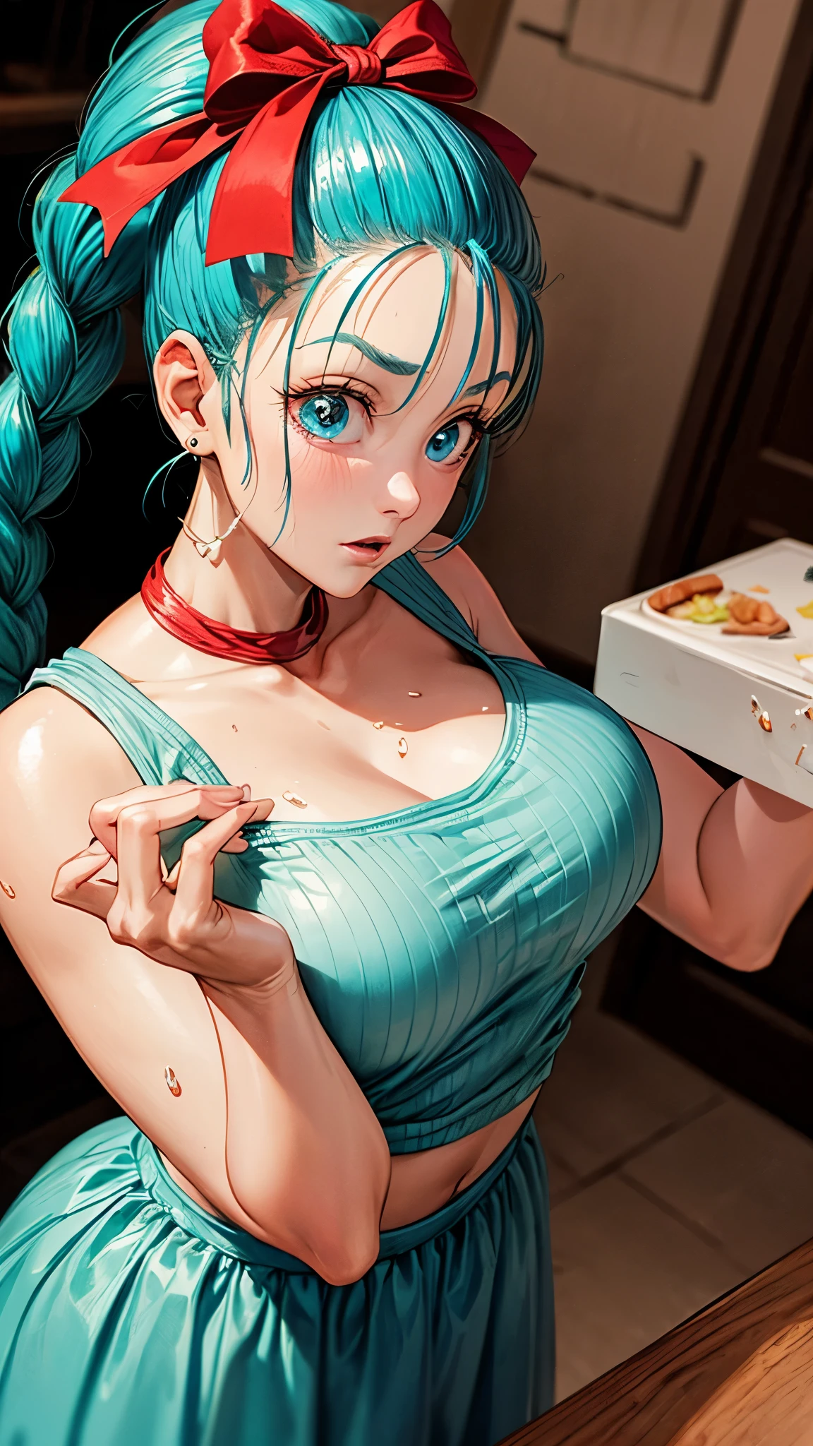 masterpiece, Highest quality,  Unreal Engine,  Super Resolution,  Very detailed, 

Beautiful woman, Bloomers, One Girl, alone, blue eyes, Blue Hair, Aqua Hair, Single Blade, Braided Ponytail, Hair Ribbon, Red ribbon, Hair Ribbon, Earrings,  Vivid expression, Healthy Body, Beautifully detailed sweat glands, Smooth skin texture, Carefully drawn, 

(humidity:1.2), Beautiful Eyes, (Attractive face:1.2), (Beautiful Skin), (Big Breasts), Puffy nipples, (Sticky with sweat), In a dynamic pose,

In the world of Dragon Ball, Capsule Corporation, 