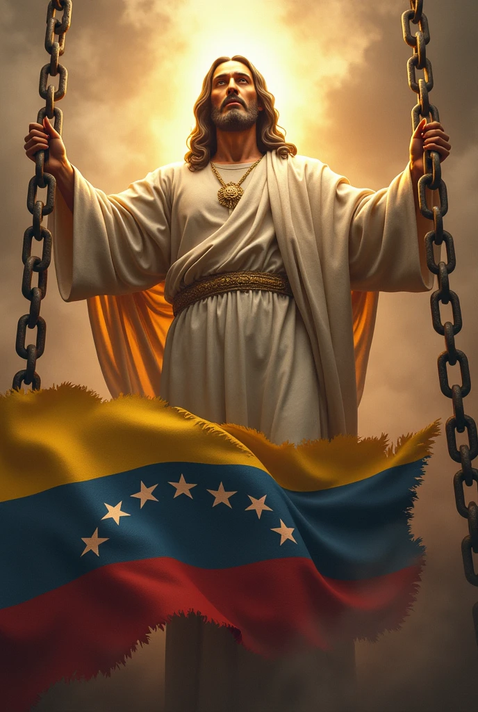 Jesus in power liberating breaks the chains on the map and flag of Venezuela
