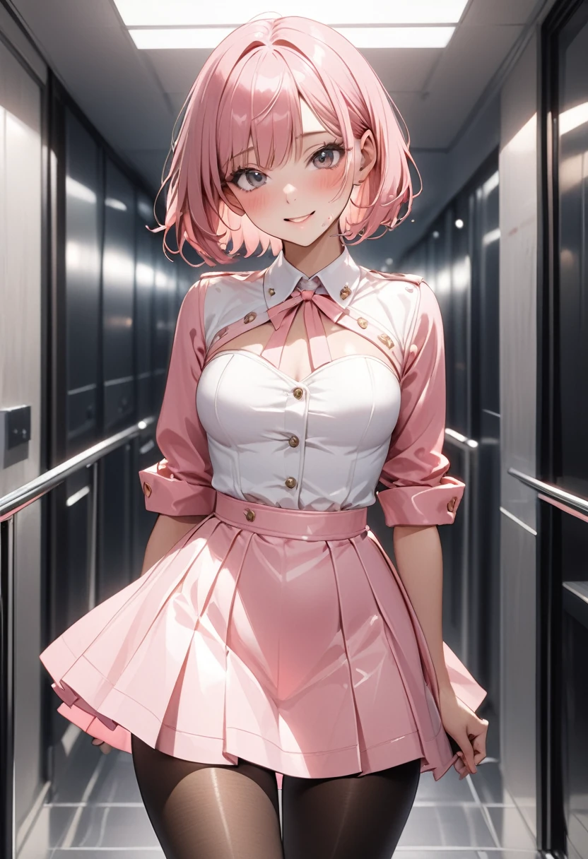 (((formal cropped jacket))), ((bustier)), ((skirt)), ((pantyhose)), ((shiny outfit)), skindentation, skinny, alone, solo, 1 woman, Masterpiece, highest quality, highest quality, 16K, incredibly absurd, highly detailed, 2.5D, ai-generated, delicate and dynamic, very delicate facial expressions, delicate eye depiction, erotic, only sexy woman, ((A cute and kind face)), healthy figure, ((25-year-old woman)), 160cm tall, ((medium firm swaying bust)), medium breasts, (short hair), (pink hair:1.5), bob cut, black eye, blush, Sweat,Embarrassed,sexy, ((thin thighs)), (camel toe:0.7), (visible nipples:0.5), (Erect nipples,:0.7), shiny and lustrous, facing straight at viewer, smile, ((Oily_skin)), dark skin, ((standing)), ((arm at side)),