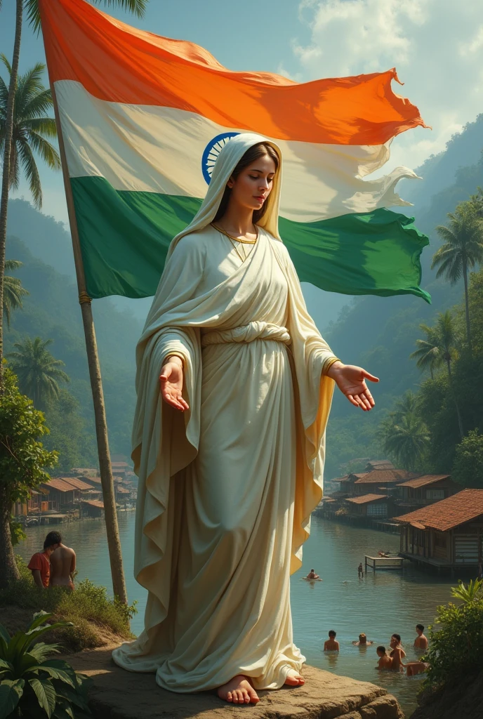 mother mary and indian flag she is the protector of India in the background the Indian people who is in vayanad struggling from flood 