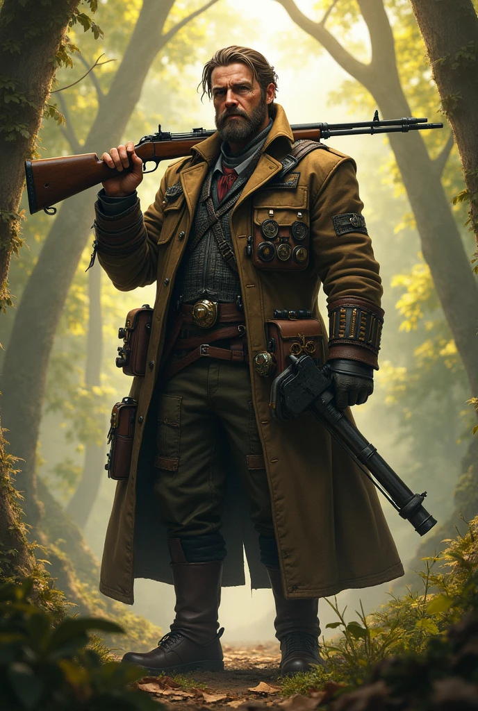 steampunk,warrior,Rifle bayonet,Tree equipment long coat