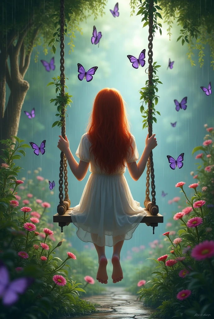 a really beautiful redhead girl, sitting on a swing backwards in the rain in a garden, and purple butterflies flying around it 