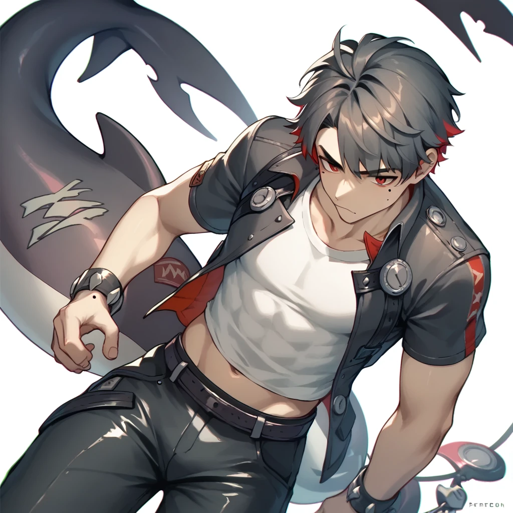 1 Boy,wrist_Iron buckle,fluffy_short_sleeve,mole_under_Eye,Black_Leather pants,Black and red_Jackets,shark_Tail,off white_background