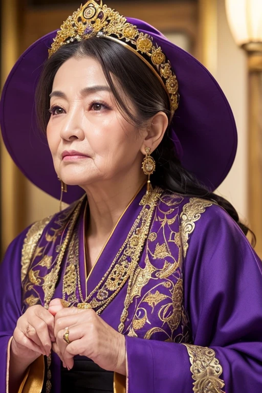 Create an image of a dignified fat old fortune teller lady。She has dignity.、It has a presence that exudes wisdom and authority.。He wears luxurious robes decorated with intricate patterns in deep purple and gold.。Deep wrinkles on the face、It makes me feel my age、Those eyes are sharp、It's like seeing into the future。Her long white hair is tied up in a loose bun。Around her、Crystal Jade、Tarot Cards、Flickering candles and other、Mysterious items are placed。The location is a dimly lit and cozy room.、Old books and magical items々is lined up、It gives off a mysterious and magical vibe。