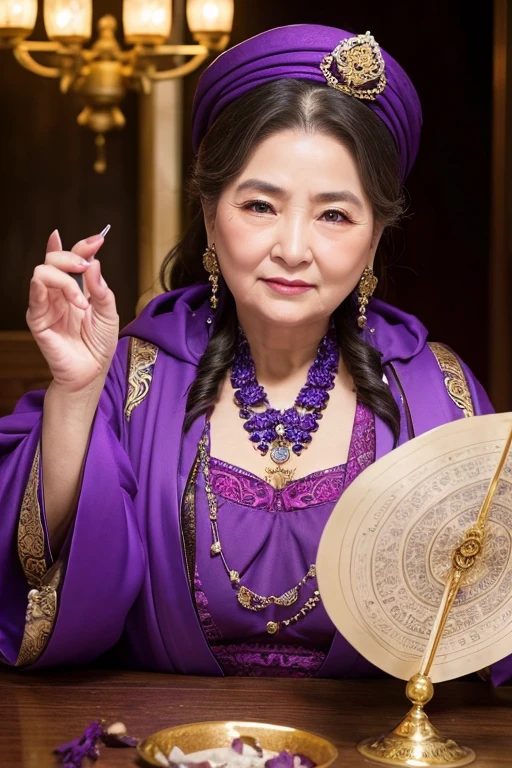 Create an image of a dignified fat old fortune teller lady。She has dignity.、It has a presence that exudes wisdom and authority.。He wears luxurious robes decorated with intricate patterns in deep purple and gold.。Deep wrinkles on the face、It makes me feel my age、Those eyes are sharp、It's like seeing into the future。Her long white hair is tied up in a loose bun。Around her、Crystal Jade、Tarot Cards、Flickering candles and other、Mysterious items are placed。The location is a dimly lit and cozy room.、Old books and magical items々is lined up、It gives off a mysterious and magical vibe。