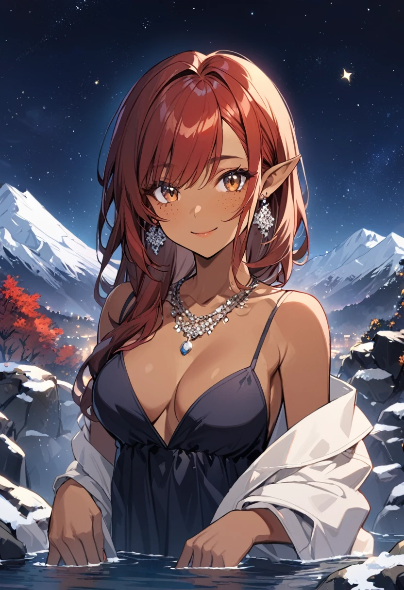 1girl, alone, long hair, breasts, looking at viewer, smile, brown hair, cleavage, bare shoulders, brown eyes, jewelry, medium breasts, upper body, red hair, earrings, sky, pointed ears, dark skin,dark blue dress, necklace, off shoulder, dark-skinned woman, night, elf, star \(sky\), starry sky, freckles, onsen, freckles on the body, various mountain, winter,More details, better quality, it's detail in the eyes