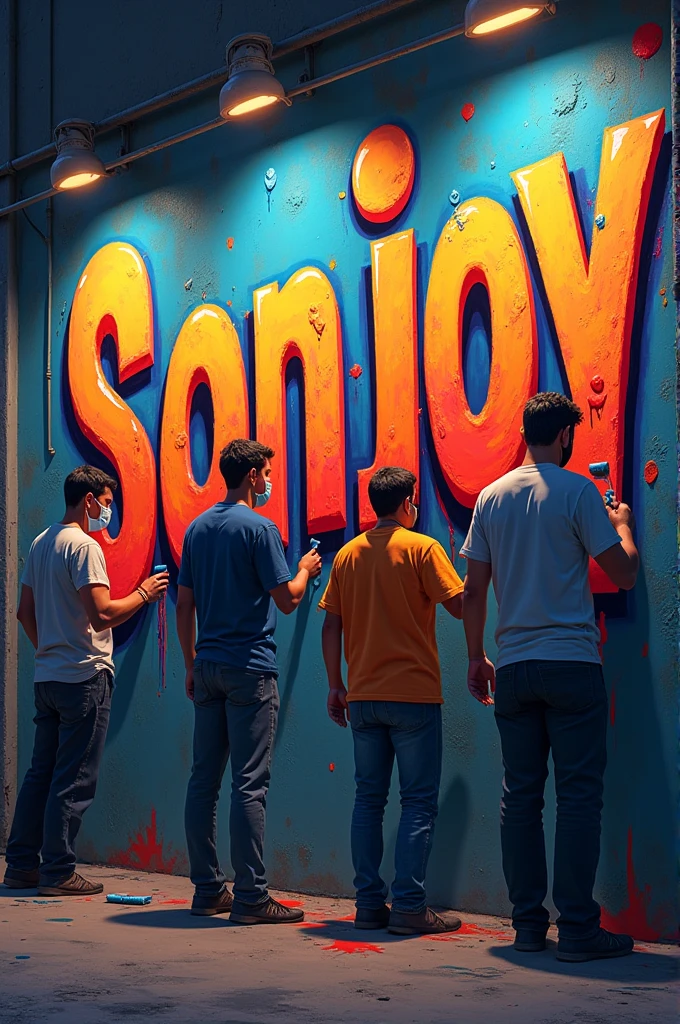 Four men are writing the name Sonjoy on the wall with paint