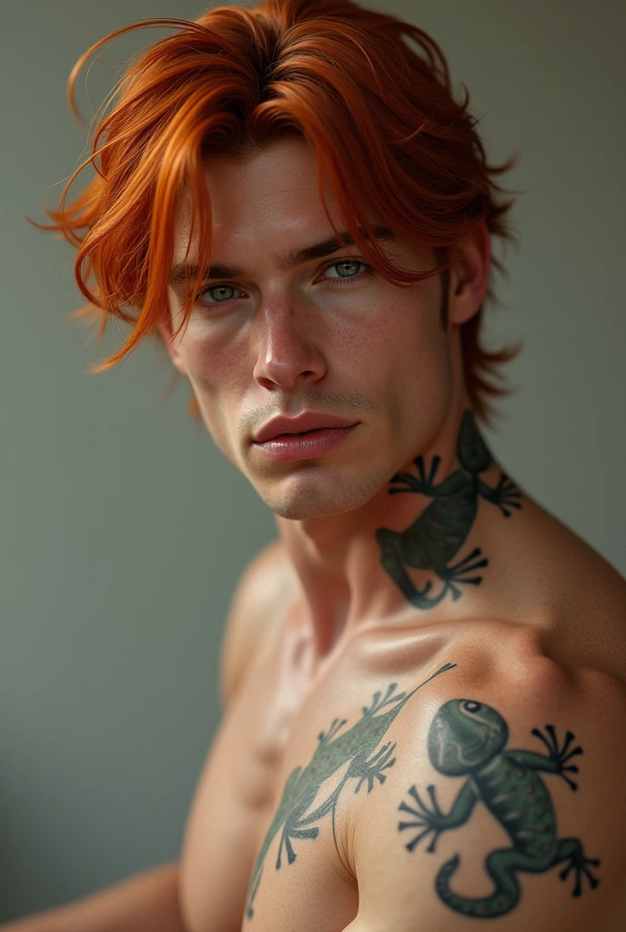 19 year old young man, straight red hair down to the neck, greeneyes, defined muscles, lizard tattoo on neck, pink lips, Caucasian skin, seducing gaze, athlete