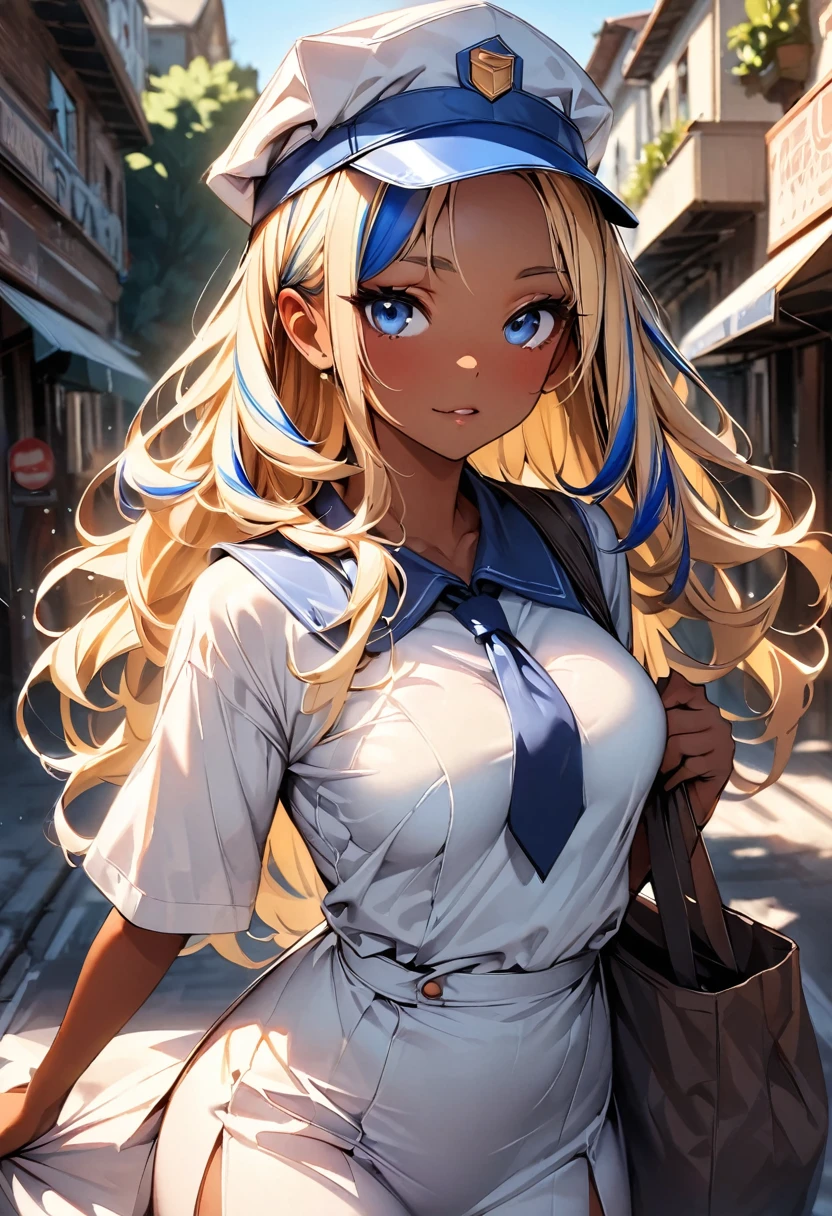 (highest quality:1.2, Very detailed, up to date, Vibrant, Ultra-high resolution, High Contrast, masterpiece:1.2, highest quality, Best aesthetics), Portraiture、girl、slim, long hair, ((wavy hair:0.6))、messy hair, blonde and blue ((streaked hair:1.3)), highlights hair: 1.3, blue eye, medium breast, (tan skin:1.3), mailman costume, Bright colors、Beautiful fine details、Beautiful lip detail、mail bag, mailman cap, (Postal truck in background:1) , town, (cowboy shot:1.5), look at viewer