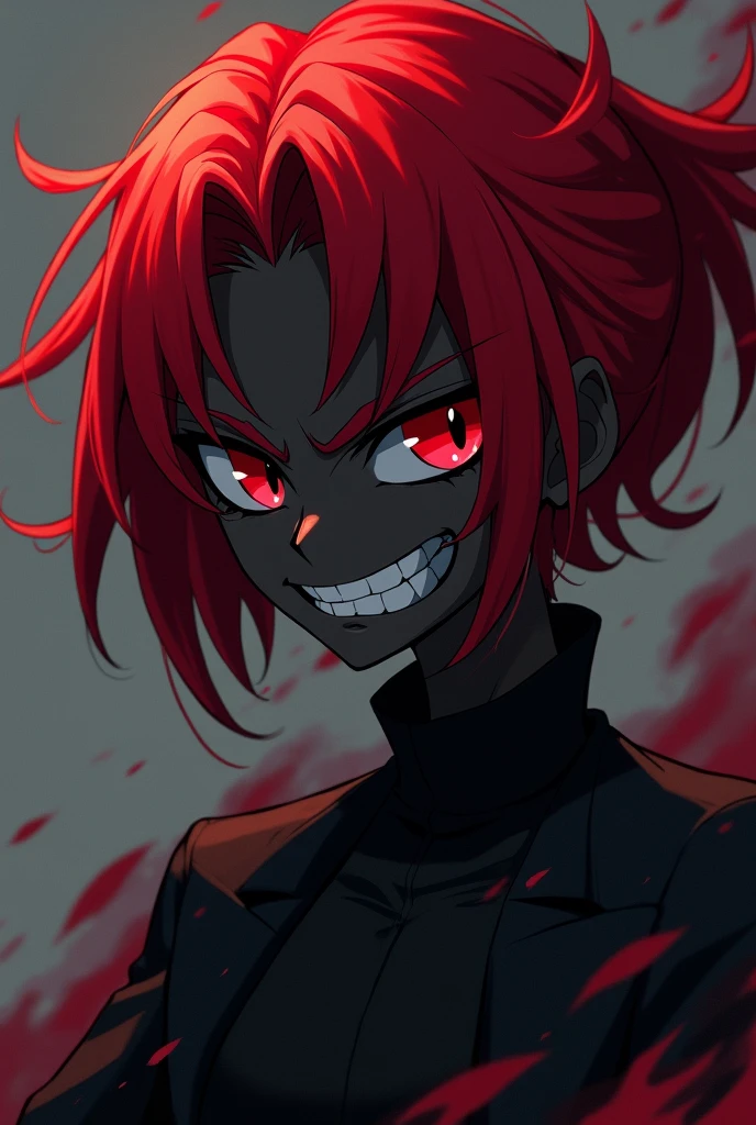 Good quality 4k ,a black character with red hair and red eyes with black clothes angry from epic anime 
