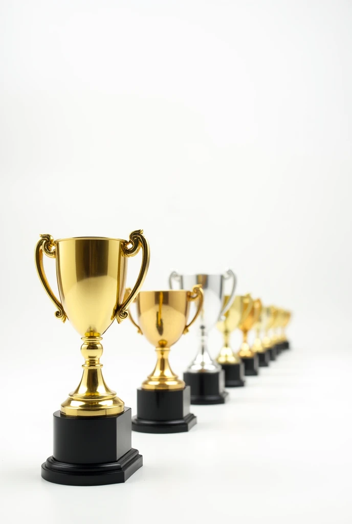 Various trophies are displayed in a row, extending into the distance, with a blank background