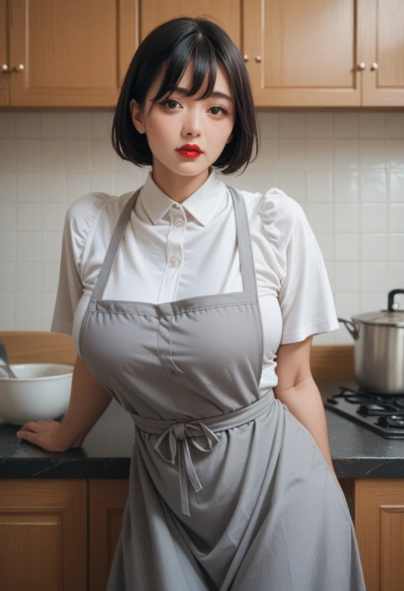 Big breasted fair skinned Chinese woman,short black hair with bangs,mature woman,wearing red lipstick,wearing a white shirt underneath a gray dress and wearing an apron,in kitchen