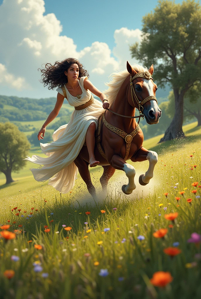 Greek teenage girl falls from horse in meadow
