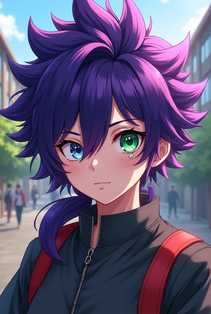 Create a My Hero Academia student with purple hair and a mullet cut, with different colored eyes and a piercing on the eyebrow