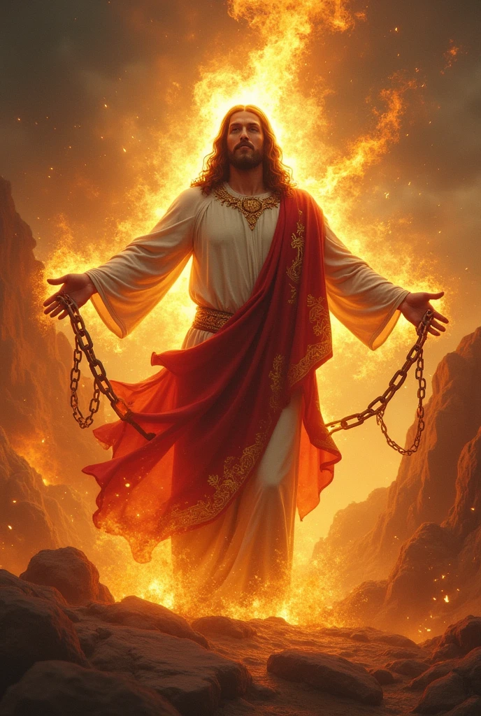 Jesus in power and fire of war breaks the chains on the map and flag of Venezuela
