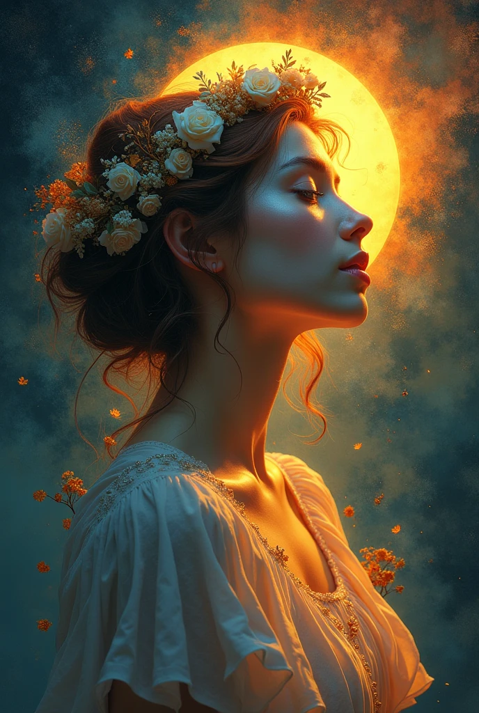 I am the last surrealist painting that exists on this planet, the last work of art that represents a beautiful woman full of hope wrapped in an unreal dream., The message I want to leave is that art once existed , real very real , 24k unique piece rule of thirds cinema lighting photoshop finishes and colors of a work of art 