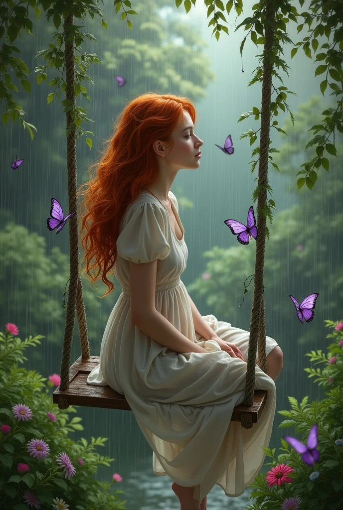 a really beautiful redhead girl, sitting on a swing backwards in the rain in a garden, and purple butterflies flying around it 