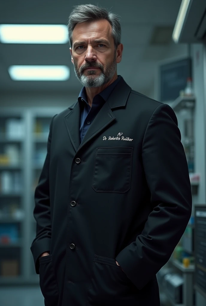 Jaleco preto com o nome: Dr. Roberth Ruither