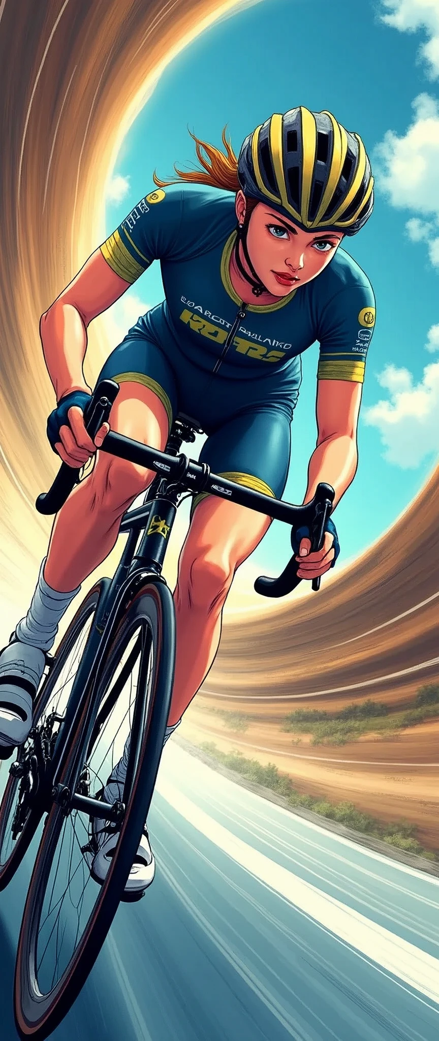 (masterpiece:1.2),(Highest quality),(Super detailed),(Ultra-high resolution),(Highest quality),(Best illustrations),(Japanese manga style:1.5,Yowamushi Pedal Style:1.3),8k,wallpaper,Woman Riding a Bicycle,(Beautiful face, true face depiction:2.0),(Detailed hand drawing:1.6),(Tour de France),(Racing Suits),(Racing Gloves),(Muscular),(Thick thighs),(Dynamic Angles:2.0),(Detailed depiction of the bike),(Sweat),(forward leaning posture,Take a curve at high speed:2.0),(Expressing a sense of speed:2.0),(In the background, a trail of light passing through a wormhole is visible.:2.0),(dynamic)