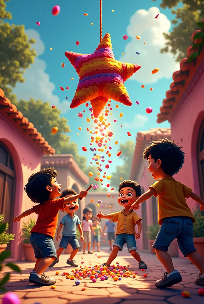 Mexican scene of children breaking a 7-pointed piñata and the candy is falling out in a realistic way