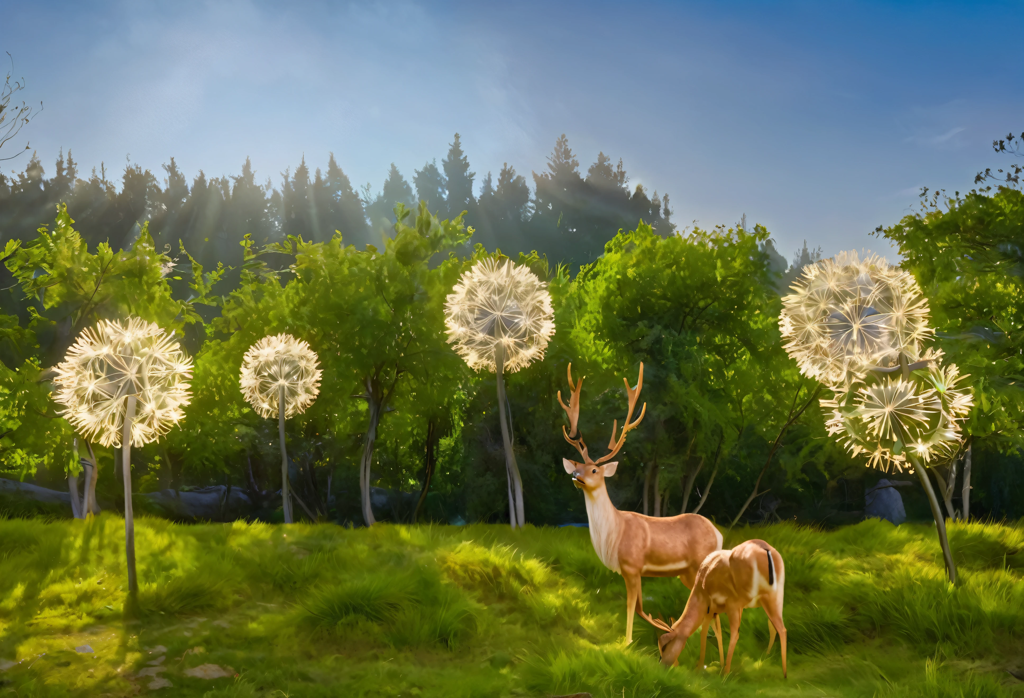 Statue of two elks in the grass, Enchanted Garden Photos, Magical scene, On a sunny day, Fantasy scene, outdoor art installation, Magical fantasy forest, sunny morning light, Dreamlike scene, In the strange fairytale forest, author：Owen Bowen, Artist&#39;s Interpretation, Very magical and dreamy, Realistic fantasies, The background is the Enchanted Forest，Statue of two beautiful elks in the grass,A bull elk，A female elk，Blue sky and white clouds