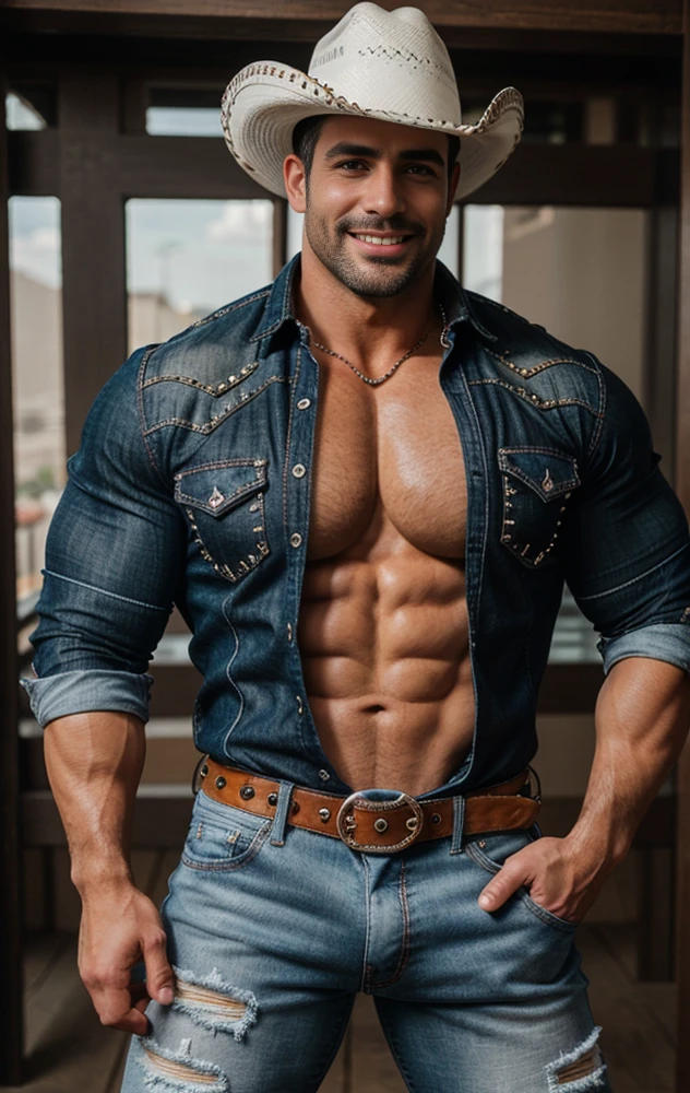 Handsome white latin sexy man, muscular man with ripped jeans boots, large belt with studs, sombrero cowboy, black plaid denim shirt, lmasterpiece, ultra realistic, great detail, 8k super muscular beefy strong muscular legs( big bulge) age 35 years old smiling plaid shirt in big bulge , perfect face, masterpiece, close up, fondo de studio