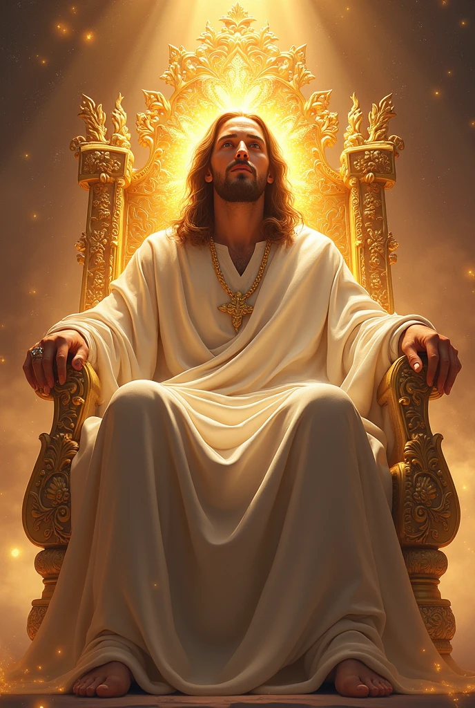 Jesus Christ with eyes of fire. With jewels on the white throne