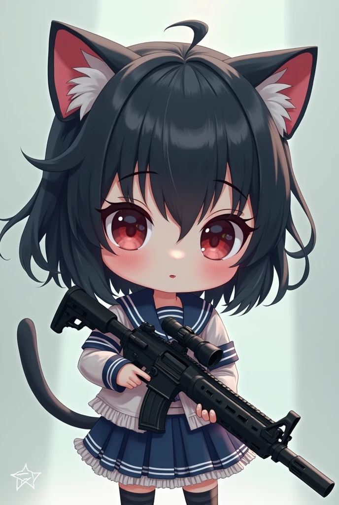 Chibi-chara Lolita girl wearing a sailor uniform with cat ears holding a sniper rifle　
More mysterious, doll-like, a bit more Japanese-style, more doll-like, not cute, more cute, cute taste is fine, but with a cuter face, so it doesn&#39;t look like an anime, doll, Japanese-style doll, don&#39;t look like an anime