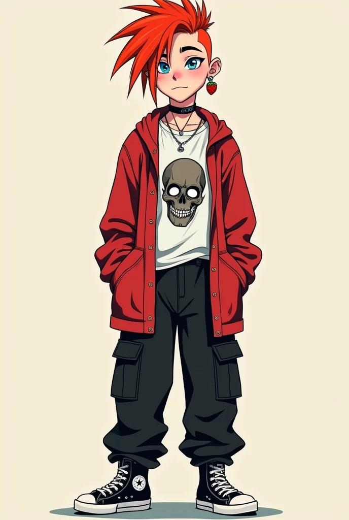 Make me a  boy,white with red hair in female Mullet style,blue eyes is black,with a strawberry earring ,a nose piercing with a collar necklace with a long blouse with a skull on the front, black cargo pants and an ALL star in the 2d style