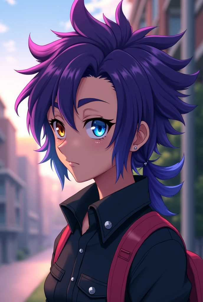 Create a My Hero Academia student with purple hair and a mullet cut, with different colored eyes and a piercing on the eyebrow