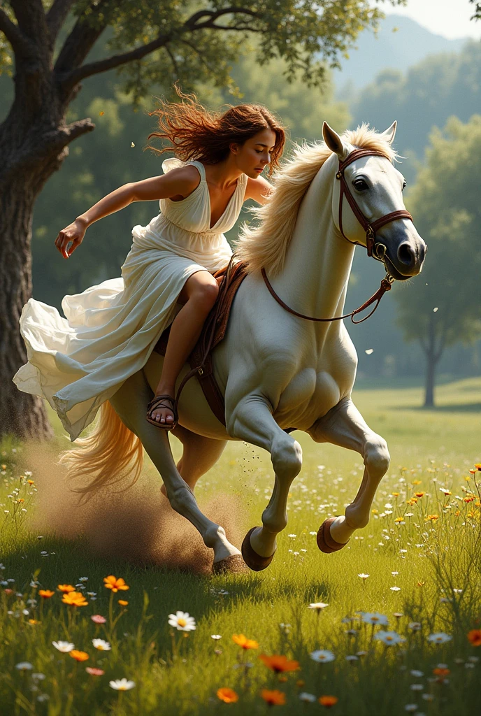 Greek teenage girl falls from riding a horse.soil in a meadow
