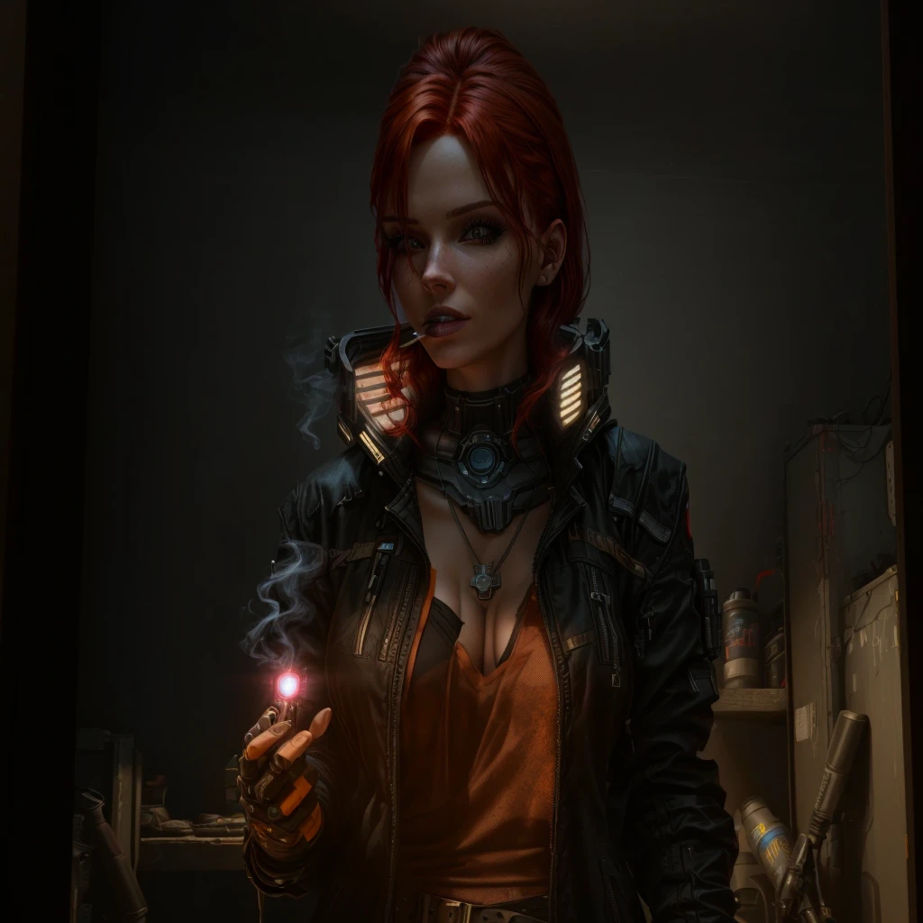 there is a woman holding a cigarette in a room, redhead female cyberpunk, triss merigold, cyberpunk femme fatale, cyberpunk character, female redhead templar, glowing lens flare wraith girl, in a dark space mercenary outfit, sci fi female character, cyberpunk outfit, female character, female cyberpunk, diesel punk female, post apocalypse woman, 8k, masterpiece, ultra quality