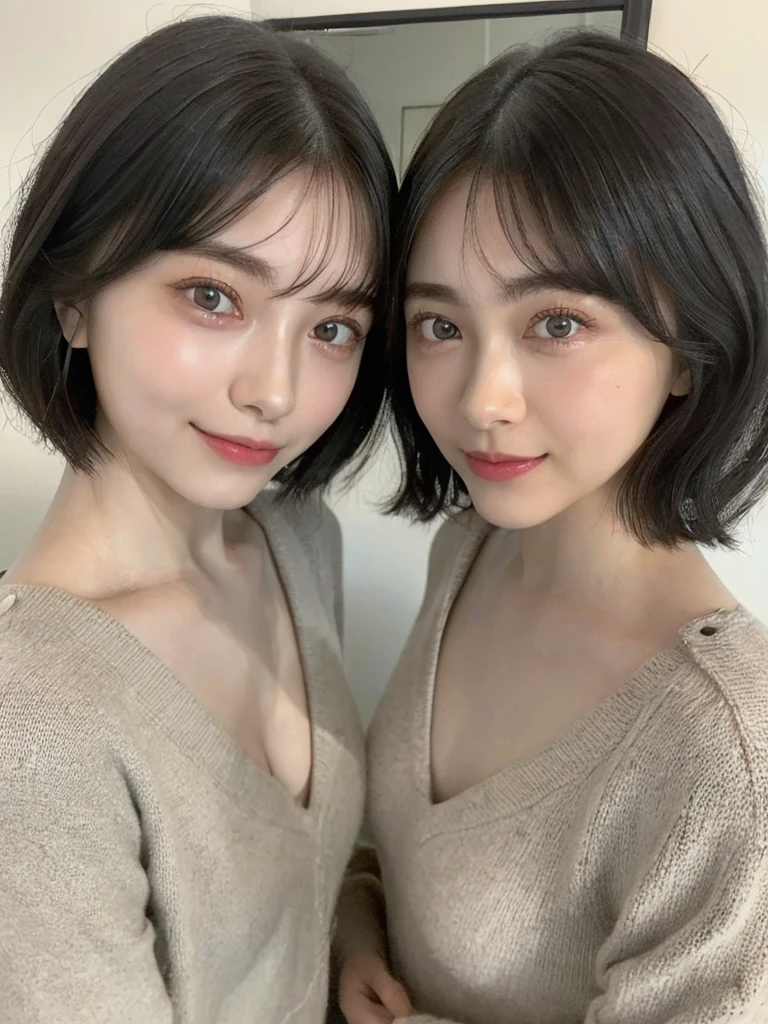 (masterpiece:1.3), (8k, Photoreal, Raw photo, best image quality: 1.4), Japanese high school girl、(random hairstyle:1.2)、cleavage:1.5、super detail face、eye for details、double eyelid、chest to chest、sharp focus:1.2、Beautiful woman:1.4、light brown hair、highest quality、masterpiece、超A high resolution、(Photoreal:1.4)、Highly detailed and professionally lit smiles、loose and light knitwear、shoulder out、thin、serious expression、short haired、deadly position
similar identical twins
All the girls have the exact same face, The two have the same face and figure, as if they were mirror images.