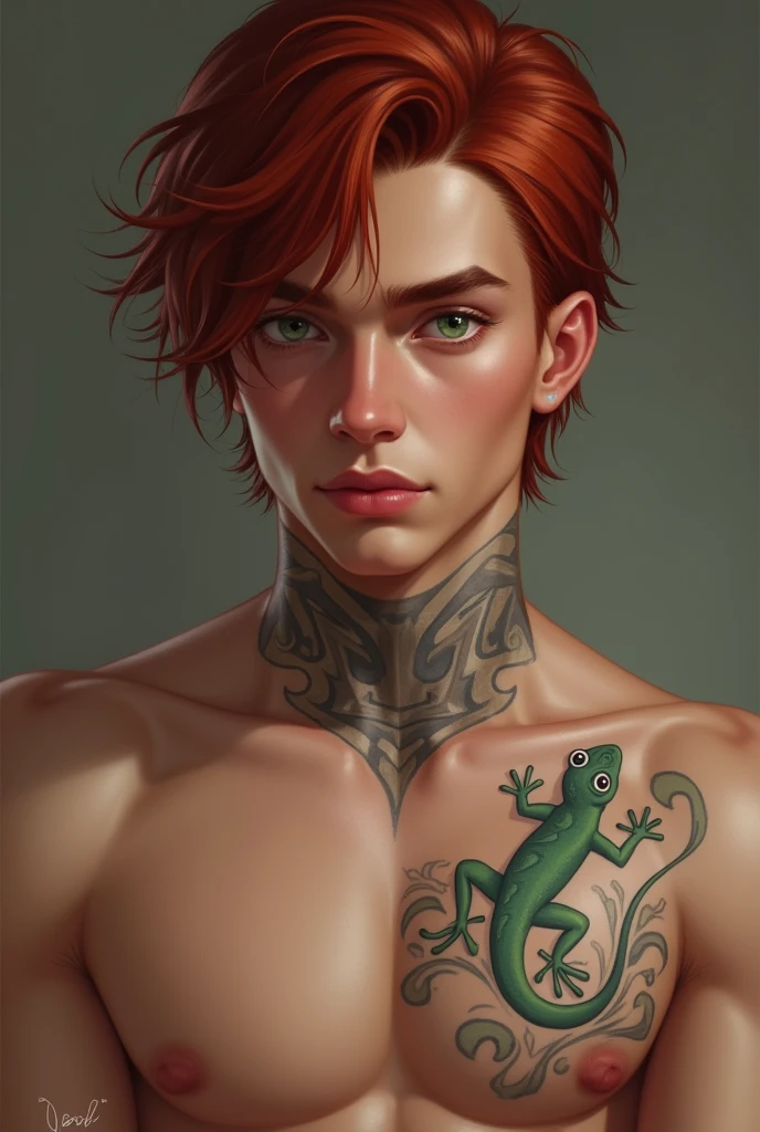 19 year old young man, Schoolgirl, straight red hair down to the neck, greeneyes, defined muscles, lizard tattoo on neck, pink lips, Caucasian skin, seducing gaze