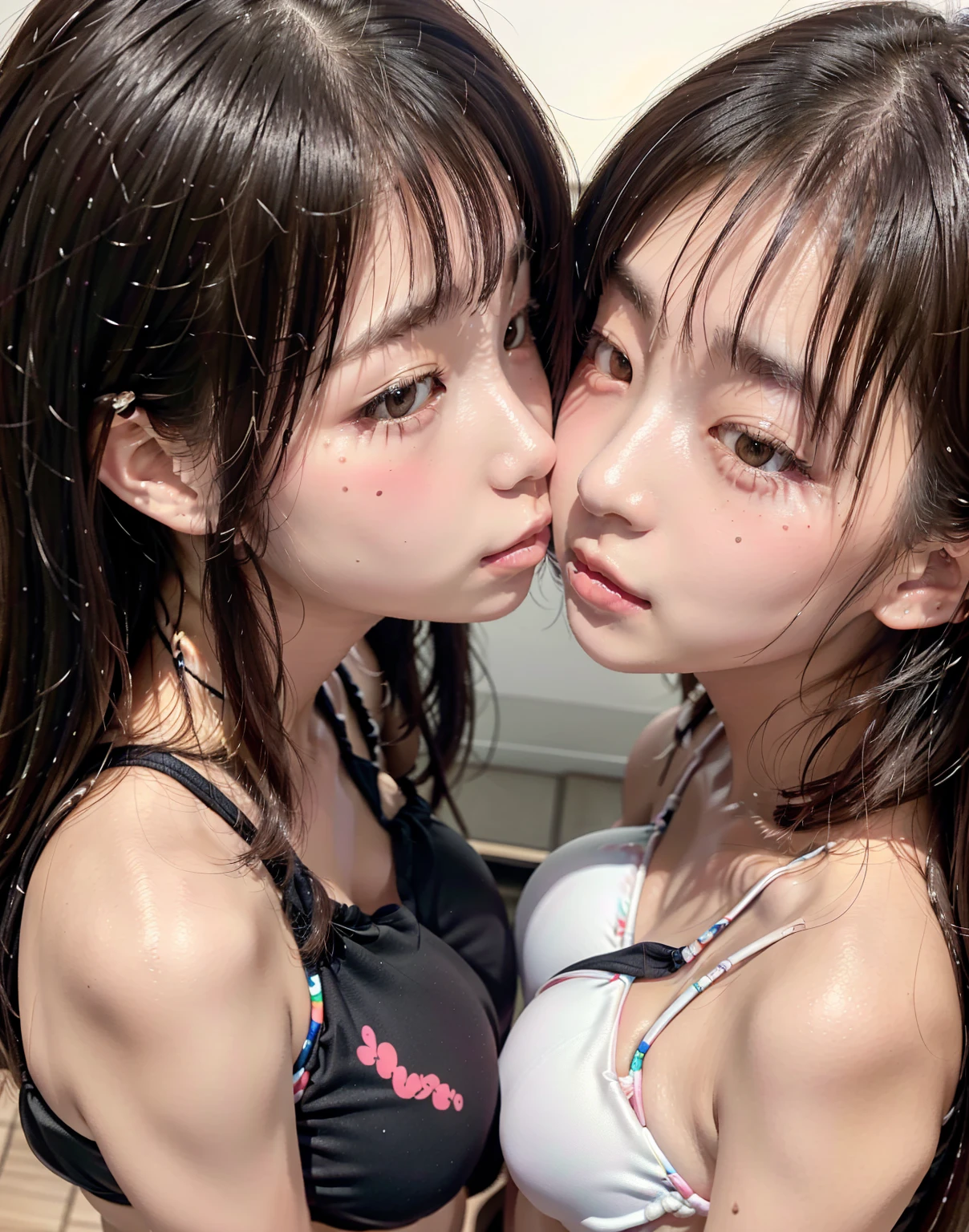 8k,masterpiece,Japanese,best quality, two girls, (kiss:1.4), (bikini:1.3), (innertube1.7), (reluctantly:1,2), (blush:1.4), breasts