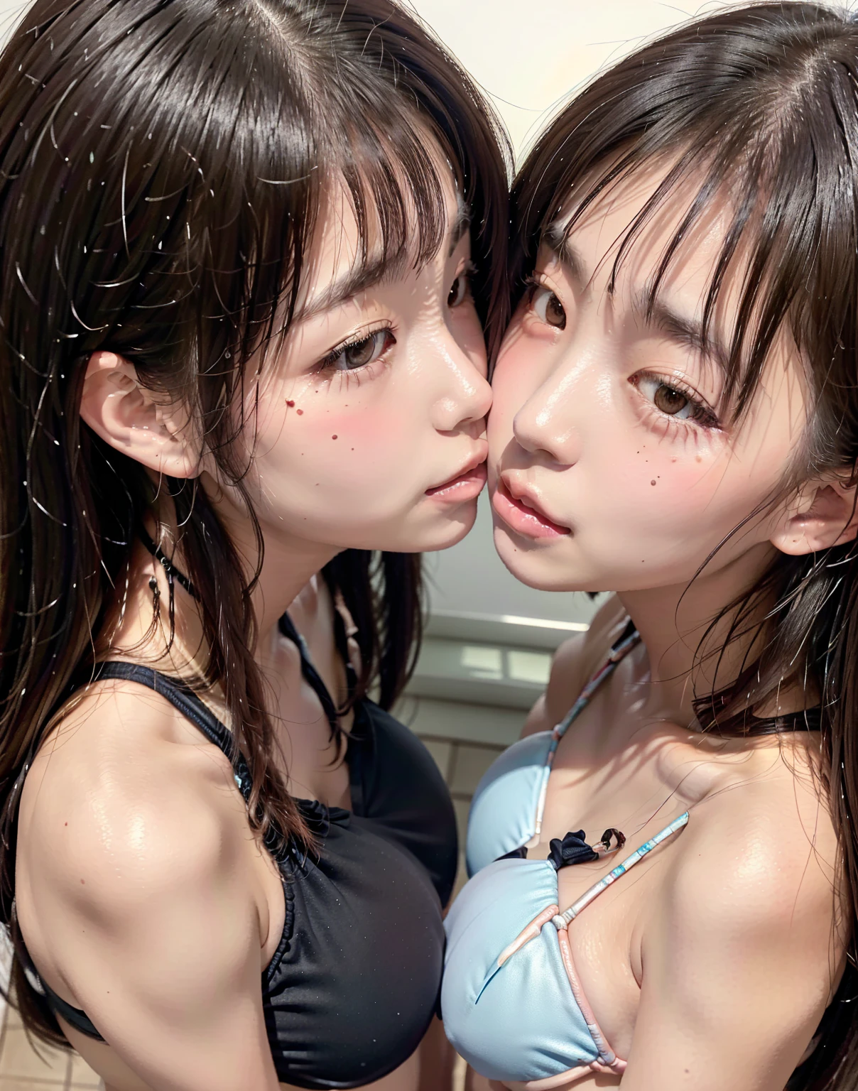 8k,masterpiece,Japanese,best quality, two girls, (kiss:1.4), (bikini:1.3), (innertube1.7), (reluctantly:1,2), (blush:1.4), breasts