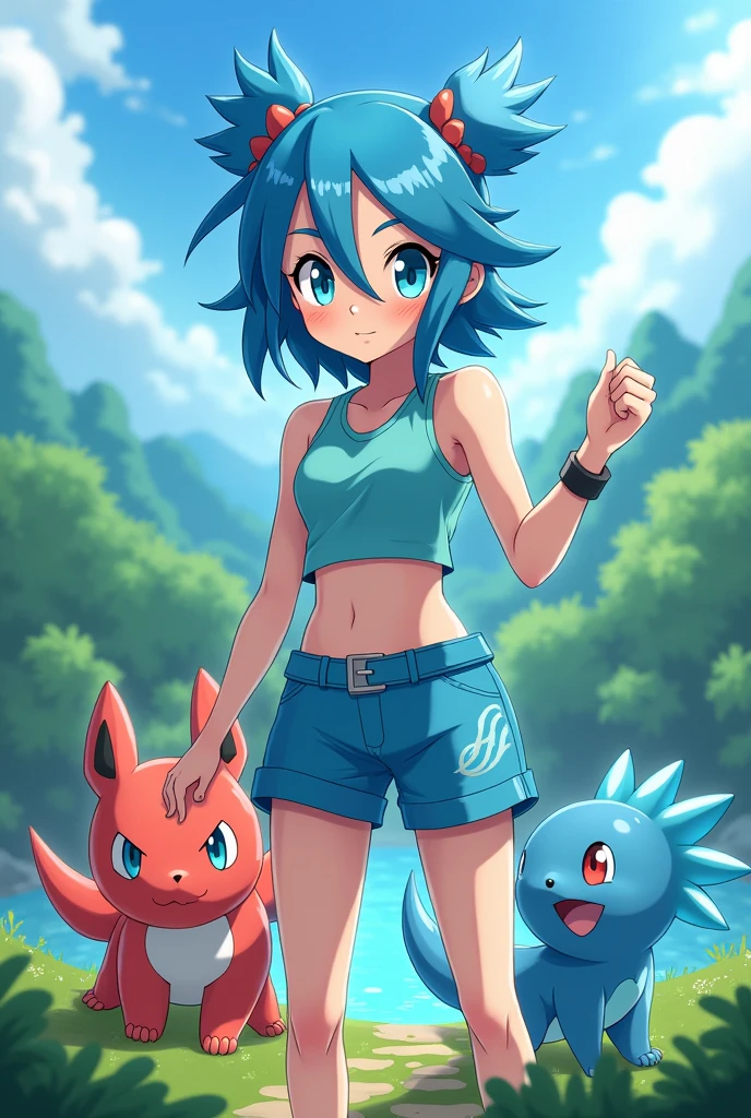 Create a Pokémon-style avatar of a girl who trains water-type Pokémon 