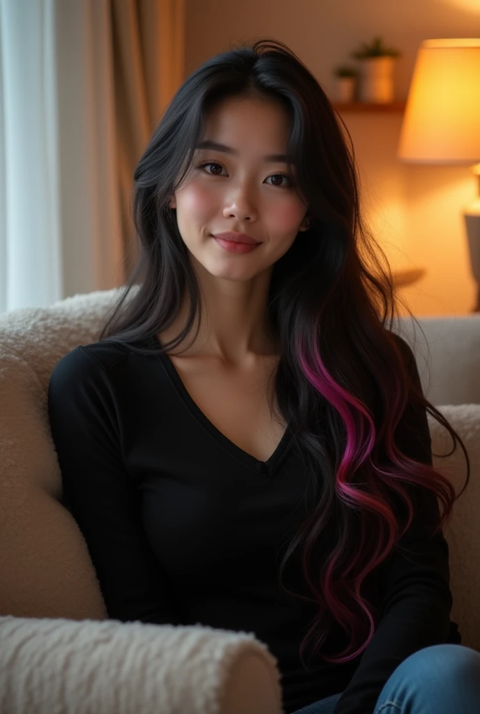 lovely cute young attractive teenage girl, village girl, 18 years old, cute, an Instagram model, long black_hair, colorful hair, winter, dacing, wear black top, sitting at sofa home, clean face