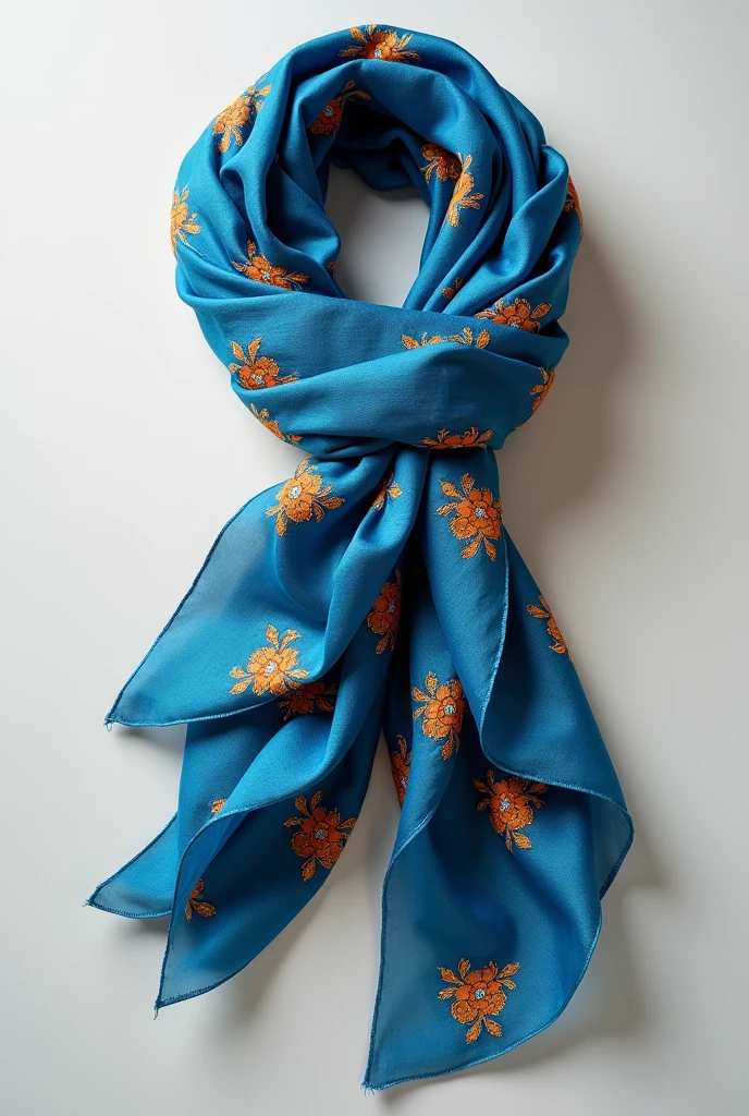 A blue silk scarf,Orange-embellished bank employee scarf