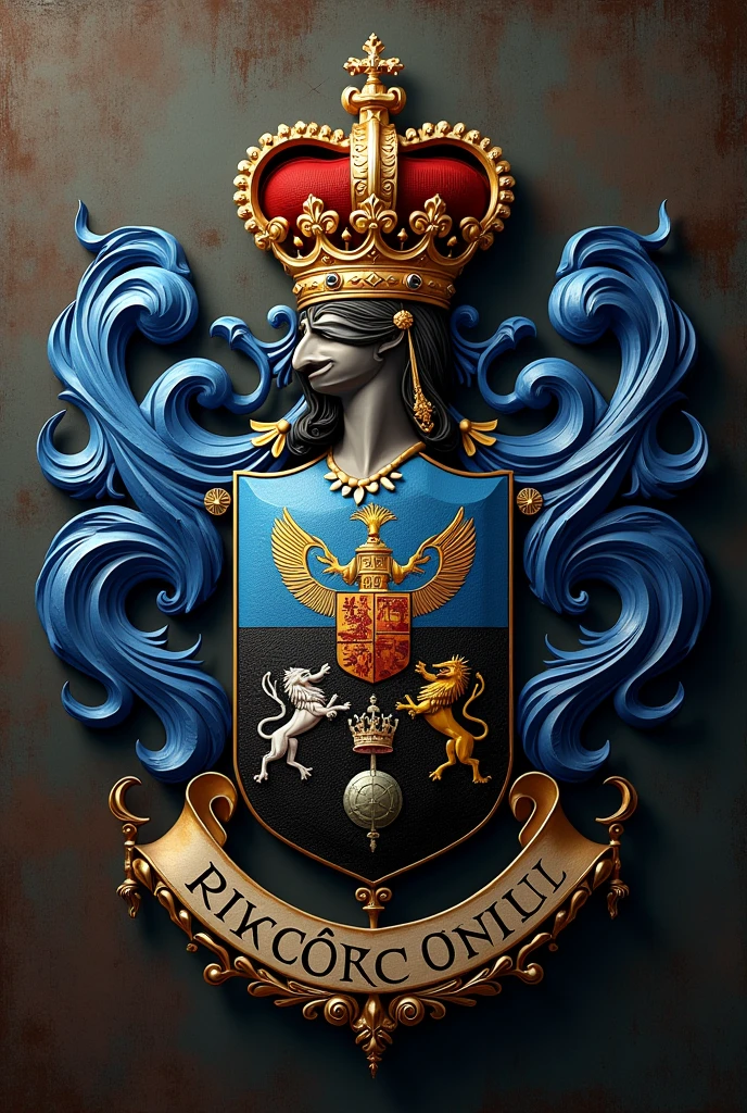 Create a Rincón Gómez family coat of arms that emphasizes the colors blue, black white and gold and put the name FARGO at the bottom