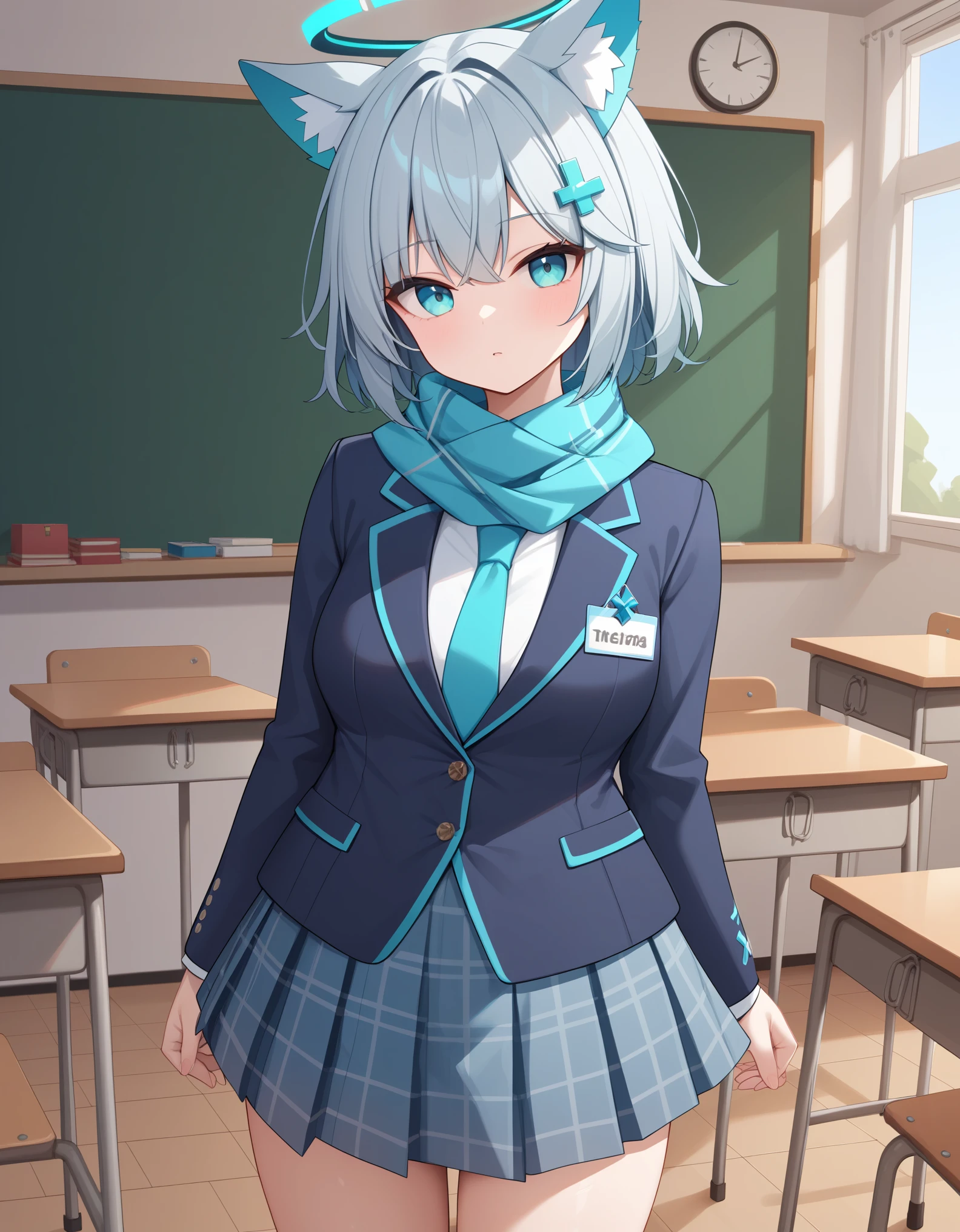 Masterpiece, hd, 1girl, gray hair, short hair, cyan eyes, wolf ears, cyan flipped cross hair ornaments, school uniform, wear dark blue blazer, white shirt, cyan scarf on neck, wear cyan tie, name tag, plaid skirt, plaid gray skirt, halo, cyan halo, shiny cyan halo over heads, standing, indoor, classroom, looking at viewer