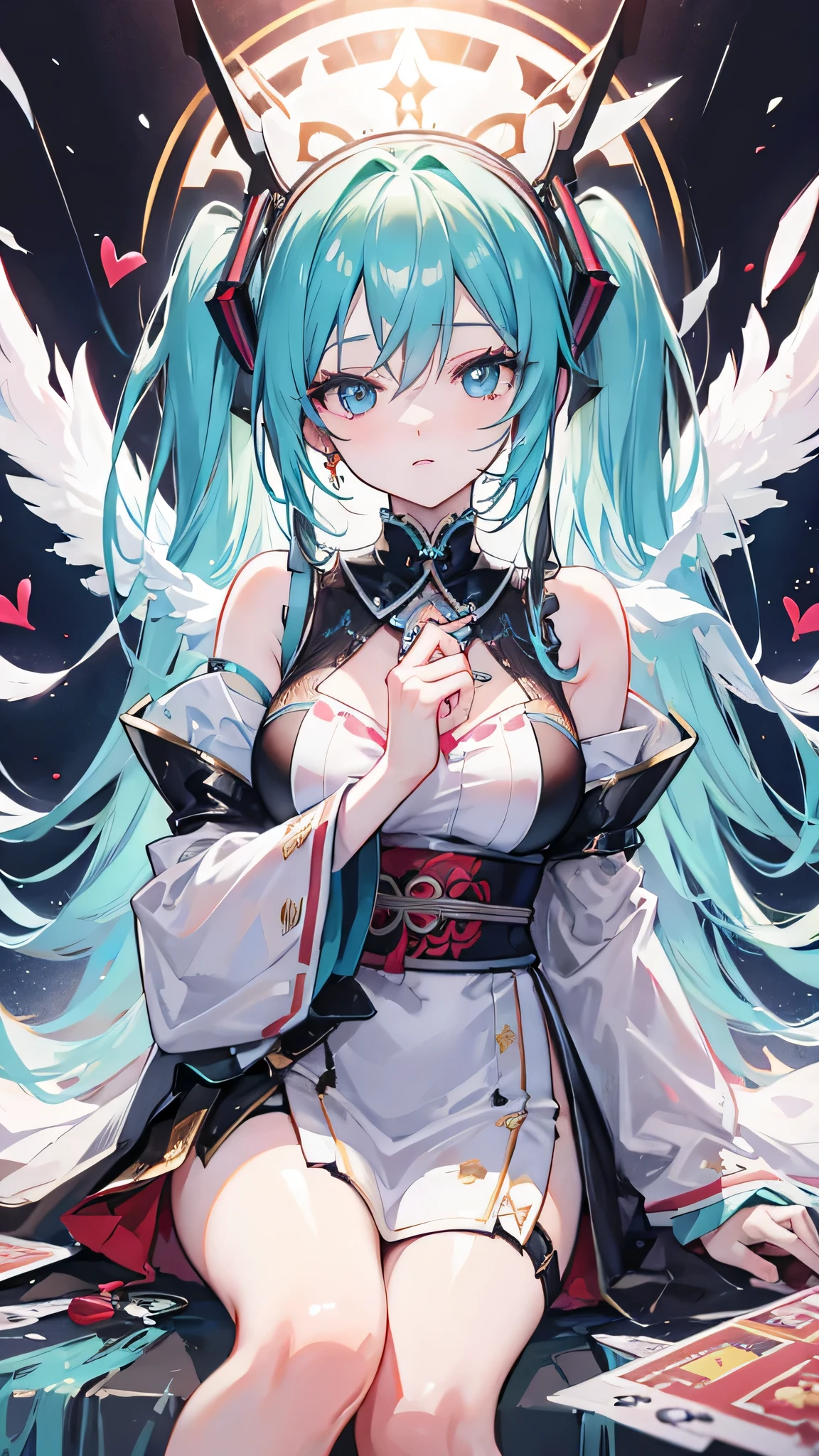 Hatsune Miku, (symmetrical design card,portrait,beautiful detailed eyes,beautiful detailed lips,extremely detailed eyes and face,longeyelashes,illustration,highres,ultra-detailed,realistic:1.37,studio lighting,vivid colors,deep red,hearts motifs,symmetric patterns,regal atmosphere)