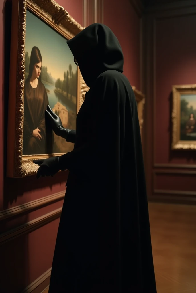 Une famme qui porte des gants en cuir et Lons avec une cagoules et qui decent doucement pour voler un tableau dans un musée