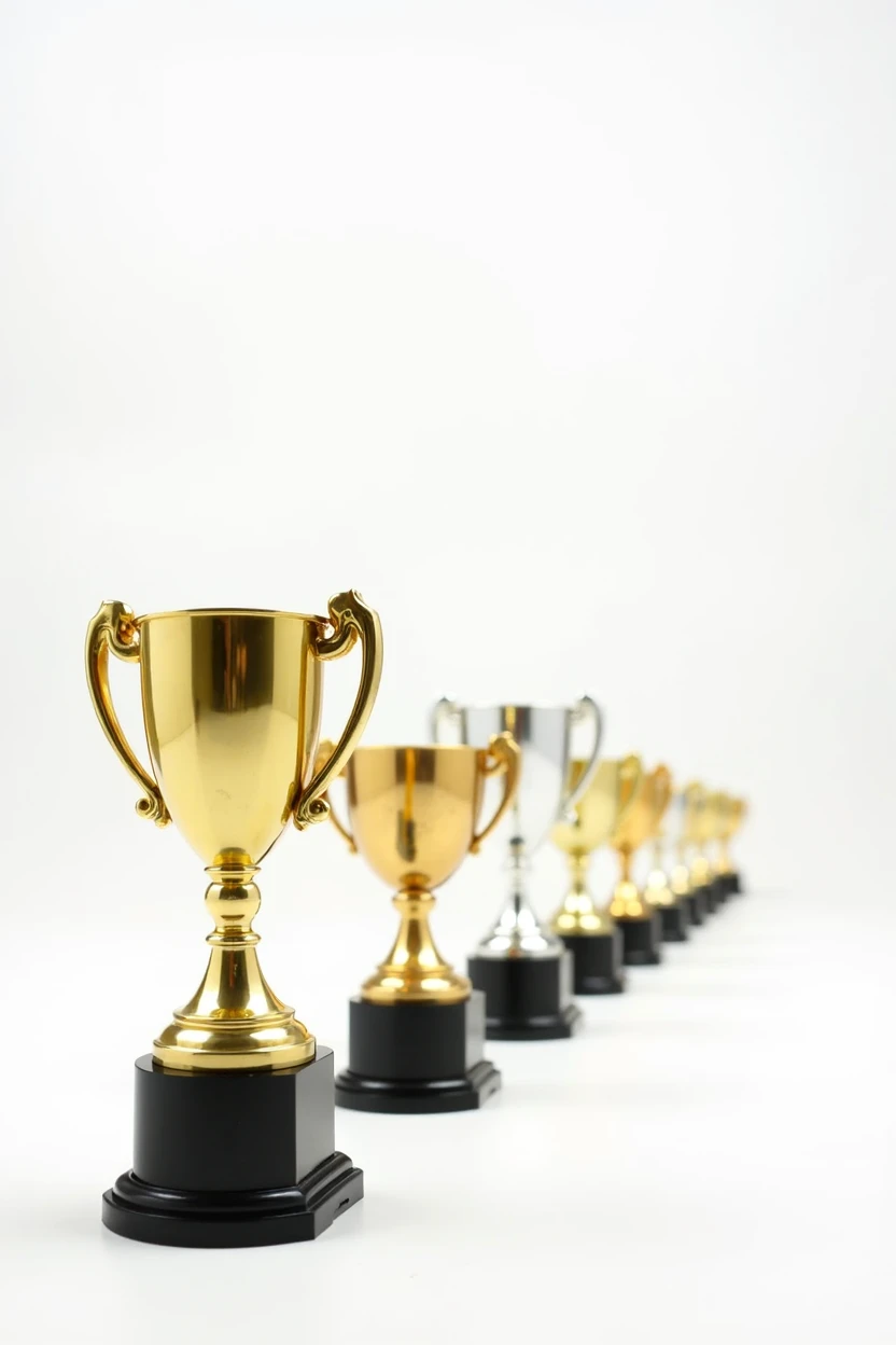 Various trophies are displayed in a row, extending into the distance, with a blank background
