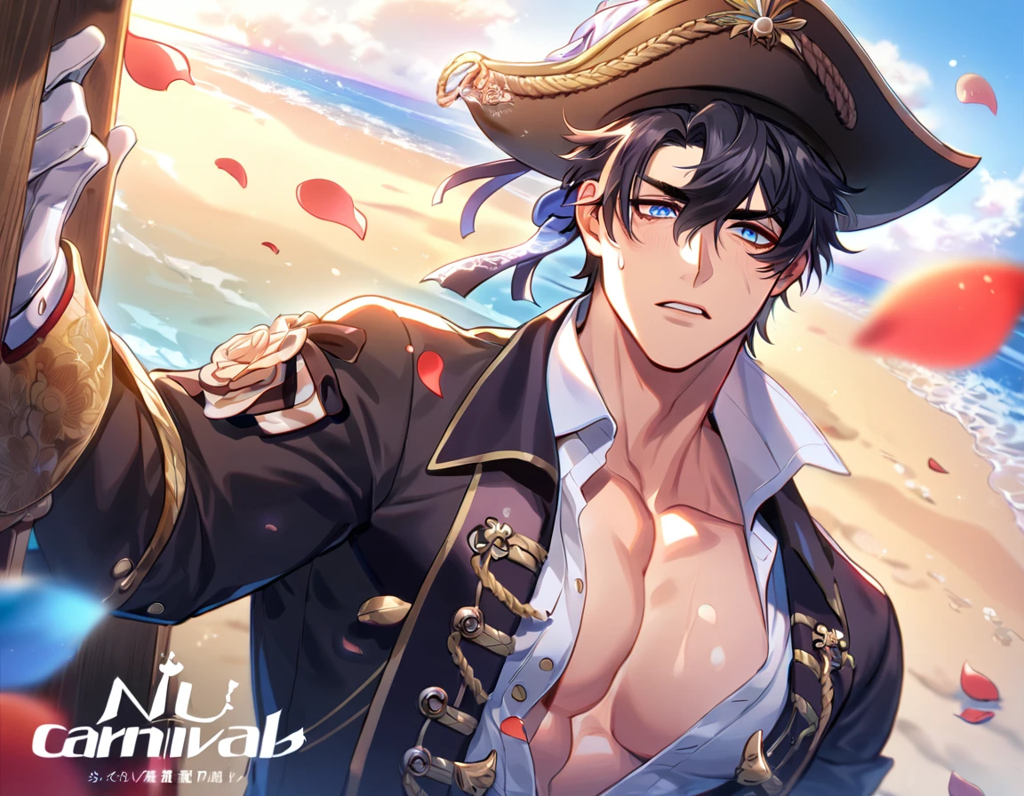 absurdres, highres, ultra detailed, HDR, master piece, best quality, perfect face, beautiful eyes, Wriothesley, black hair, expressive blue eyes, Genshin Impact, solo, sexy man, handsome, horny, lewd, pirate clothes, black hat, white gloves, accessories, showing the chest, pirate, petals, beach, sea, flowers, Nu Carnival