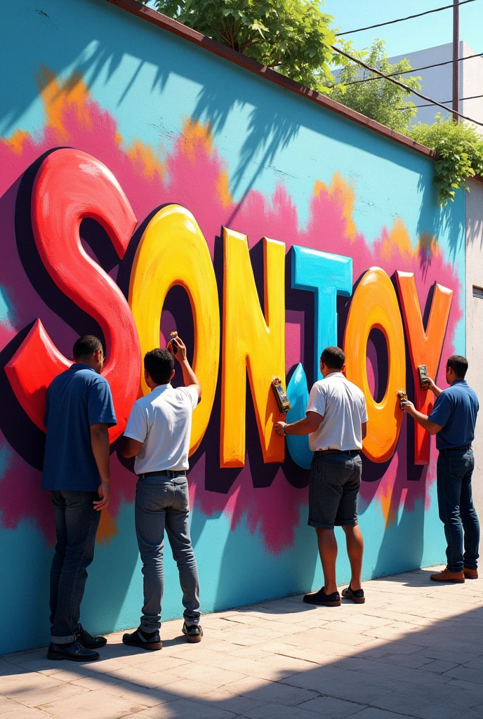 Four men are writing the name SONJOY ツ on the wall with paint